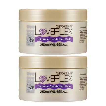 Two beige jars of Loveplex Platinum Blonde Hair Mask stacked vertically, 250 ml each, with purple label and gold lids—hair treatment product.