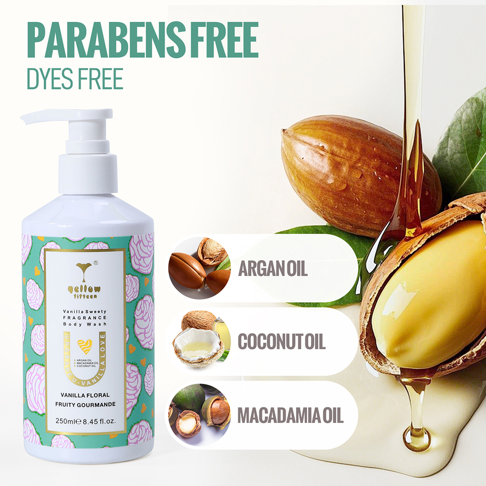 Body wash bottle with pump and teal floral label; text highlights parabens- and dyes-free, with ingredients argan oil, coconut oil, and macadamia oil.