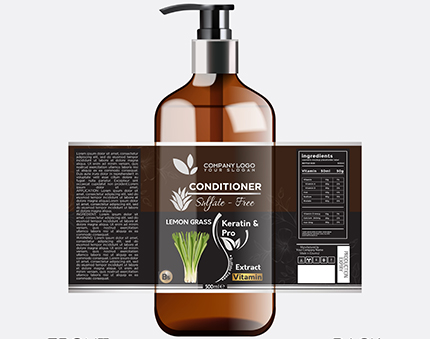 Brown pump bottle of conditioner with a dark label reading 'Sulfate-Free Conditioner, Lemon Grass, Keratin & Pro Extract Vitamin'