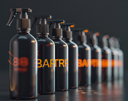 Line of dark brown spray bottles with black triggers lined up on a reflective surface, glow of orange text reflected on the side.