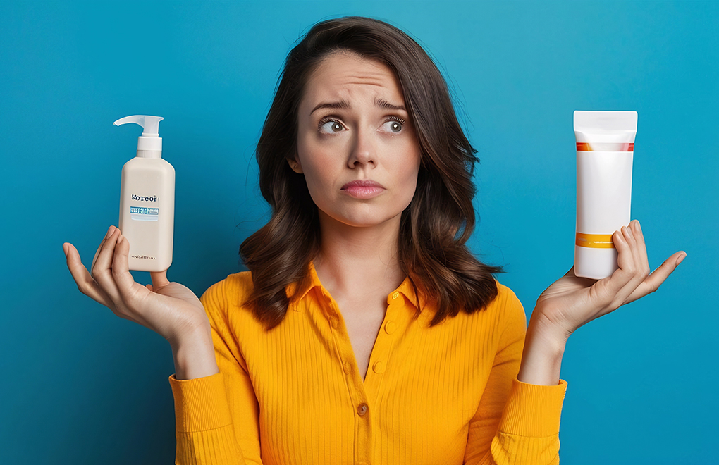 Woman in a yellow shirt holds a pump lotion bottle in one hand and a cream tube in the other, looking puzzled against a blue background.