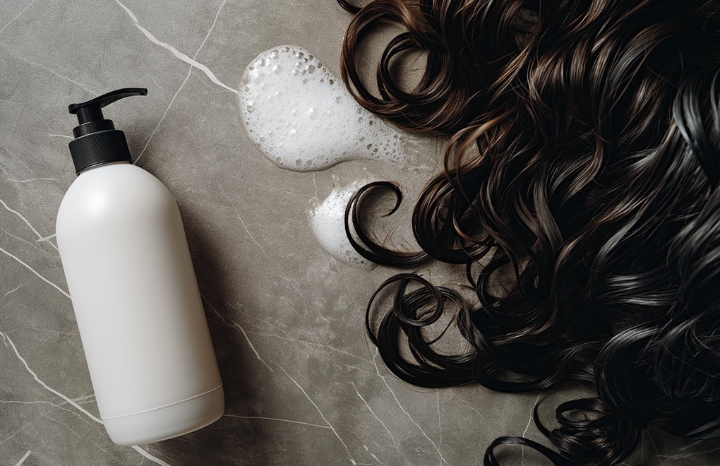 Bottle of white pump shampoo or conditioner with lathered bubbles and dark wavy hair on a marble floor.