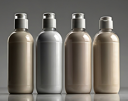 Row of four pump-top bottles in neutral beige and gray tones on a reflective gray surface (product photography)