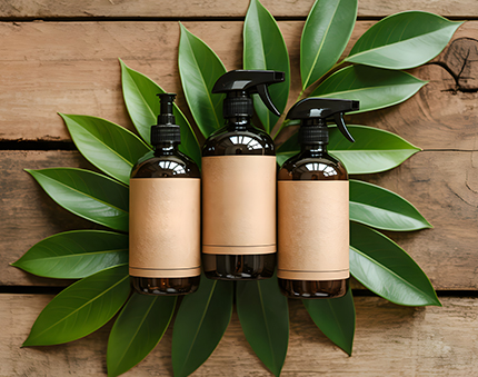 Three brown pump bottles with blank labels arranged on a wooden surface, surrounded by green leaves for a natural skincare look.
