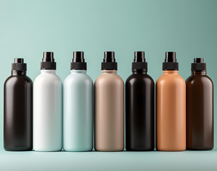 Eight assorted-colored bottles with black caps lined up on a teal background, forming a color gradient from dark brown to warm beige.