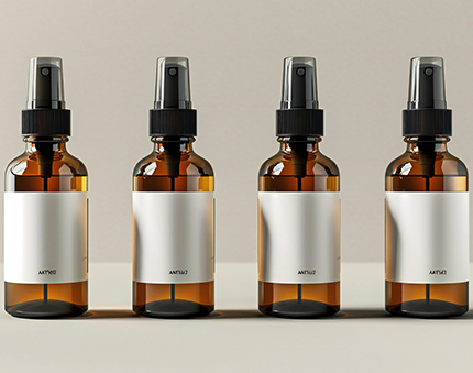 Four amber glass spray bottles with black spray tops and white labels lined up on a light shelf.