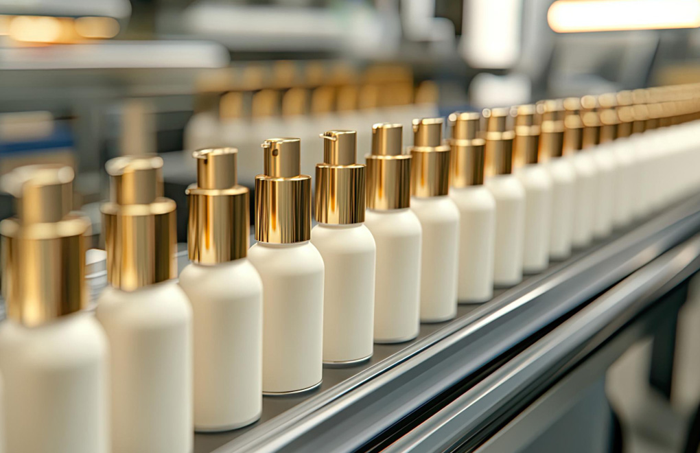 Row of white cosmetic bottles with gold pump tops moving along a production line in a factory setting.