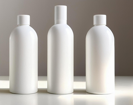 Three white plastic bottles with white caps arranged in a row on a pale surface.