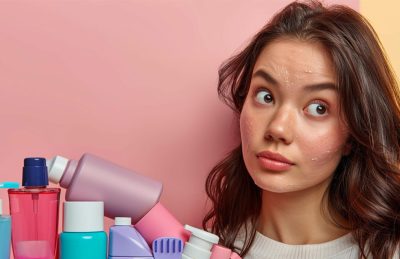 Young woman with a light facial cream on her cheeks, surrounded by colorful skincare bottles on a pink background i.e. a beauty setup