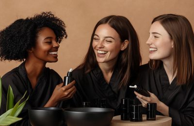 Three women in black robes laugh together, each holding dropper bottles among skincare products on a beige backdrop.