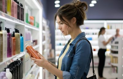 Woman in a denim shirt examines an orange bottle while shopping in a well-lit cosmetics aisle.