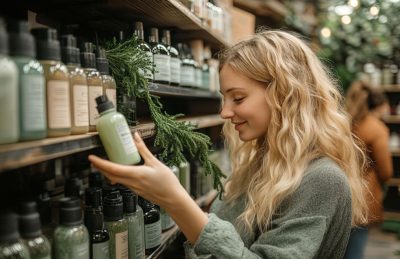 Woman with wavy blonde hair in a green sweater examines a green bottle on a store shelf lined with other bottles and greenery in the display.