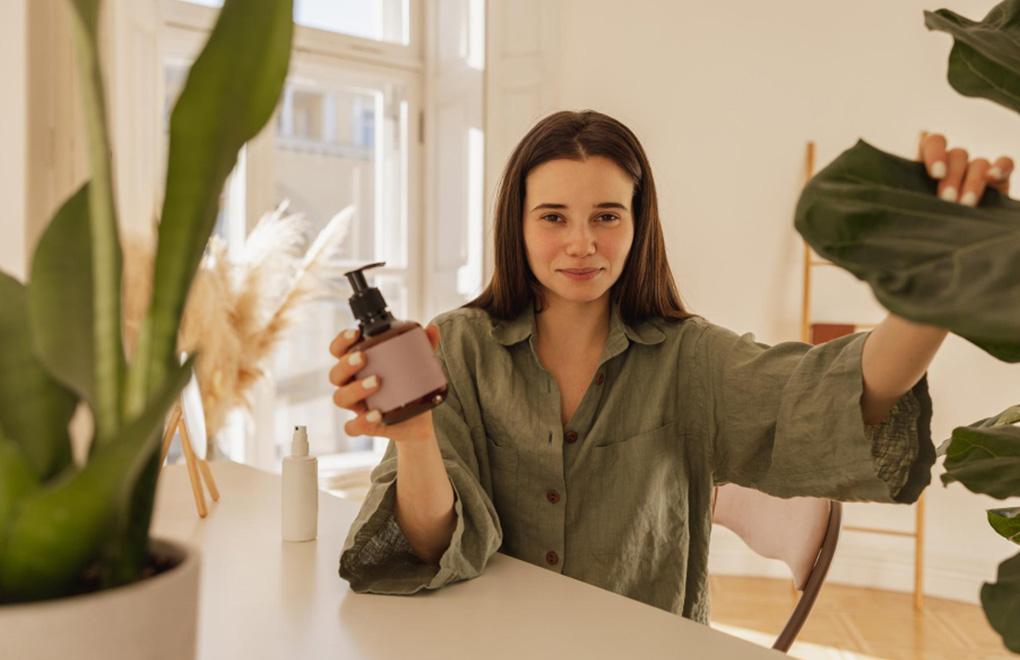 Woman sits at a bright desk, holding a pump bottle of lotion and reaching toward a large plant in a sunlit room.