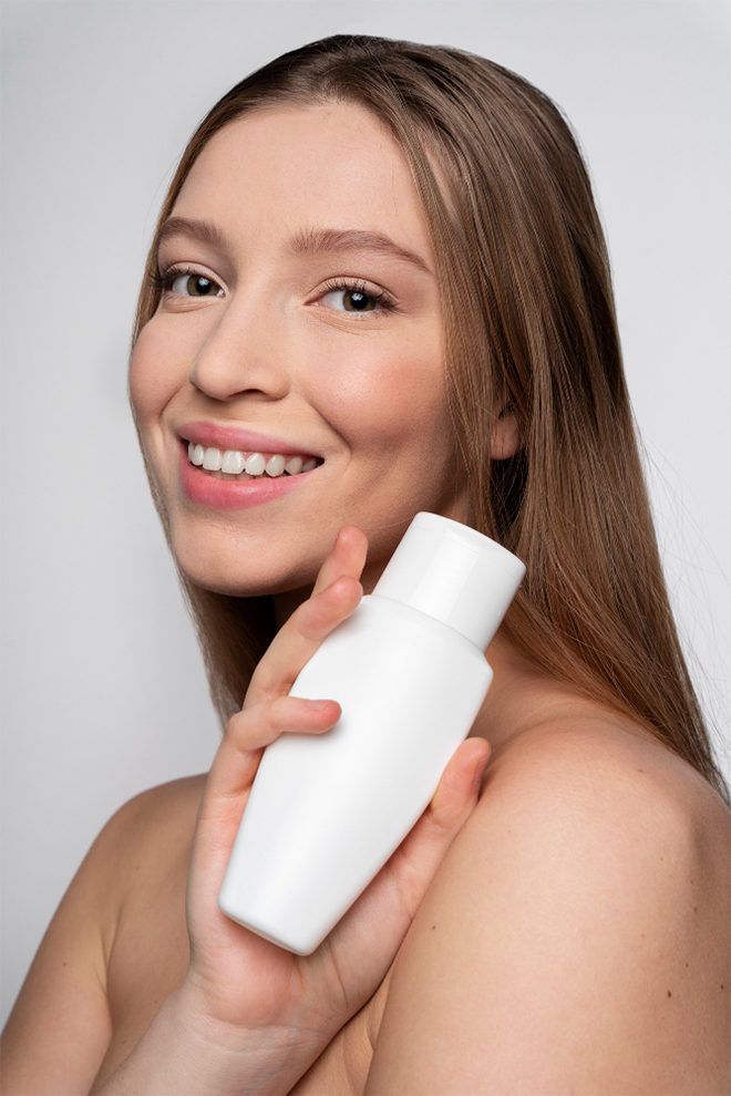 Smiling woman holding a white skincare bottle against a light background.
