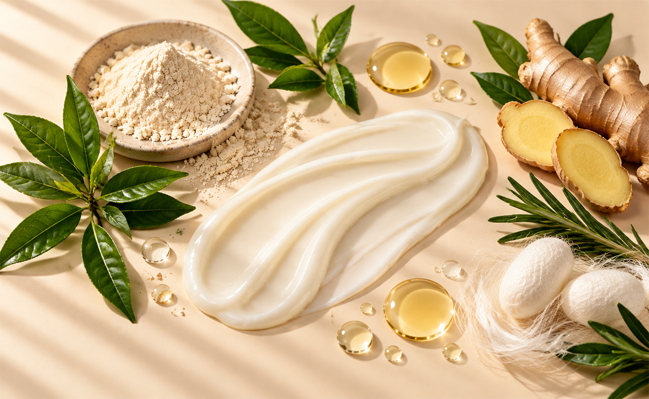 Biotin Conditioner formula ingredients with keratin, silk proteins, green tea, ginger, and botanical oils
