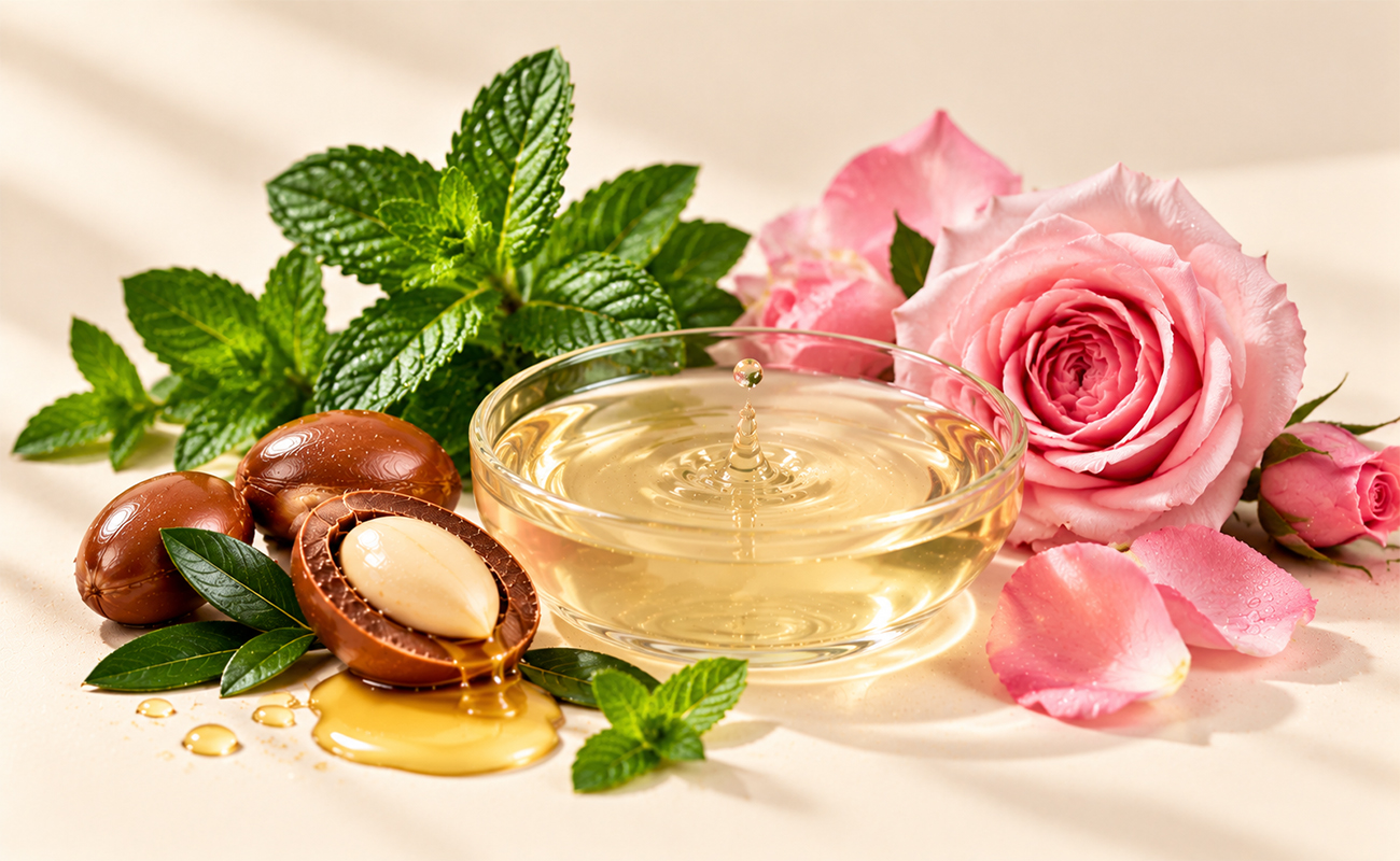 Hydrating & Refreshing Shampoo formula ingredients with argan oil, rose oil and peppermint oil