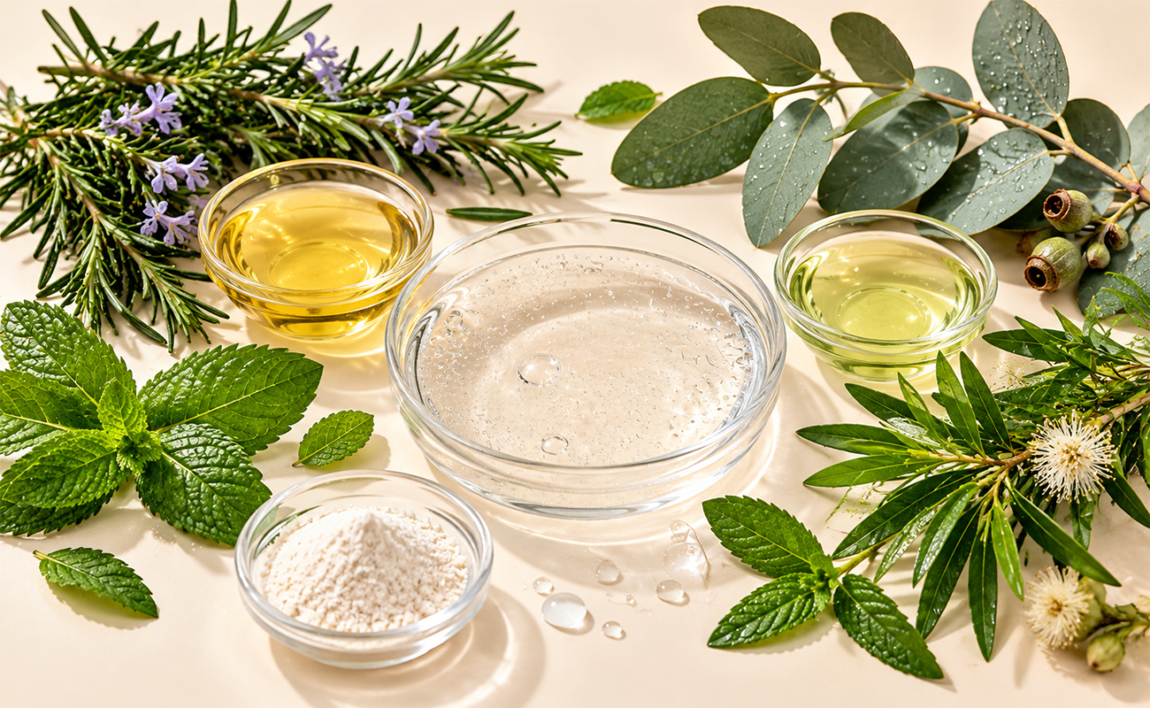 Scalp Balance Shampoo formula ingredients with tea tree, rosemary, eucalyptus and peppermint oils