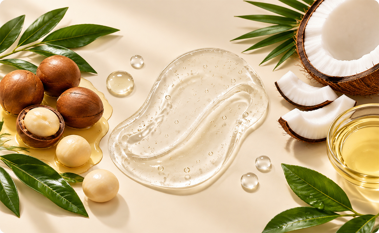Smooth & Silky Max Shampoo formula ingredients with macadamia seed oil and coconut oil