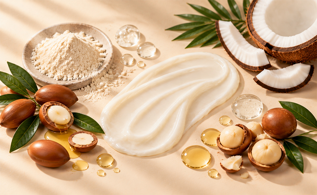 Strengthening Leave-In Conditioner formula ingredients with hydrolyzed keratin, panthenol, argan oil, coconut oil and macadamia seed oil